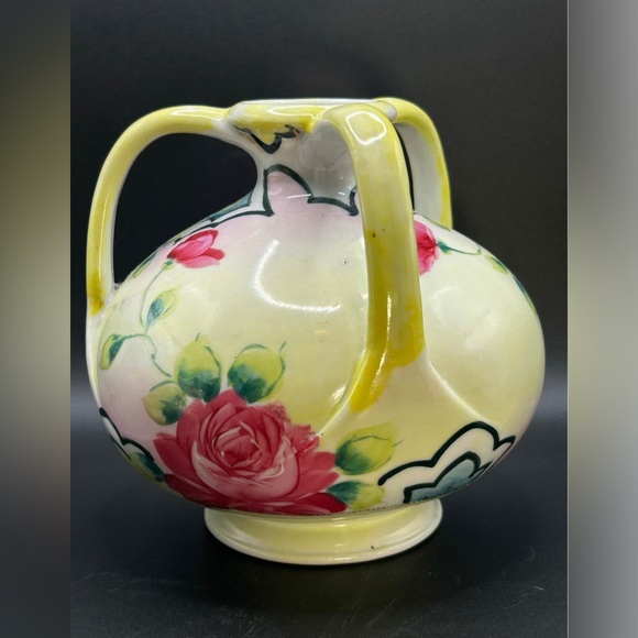 Vintage Trademarked Hand Painted Floral Ceramic Three Handled Vase, Cottagecore - Picture 2 of 8
